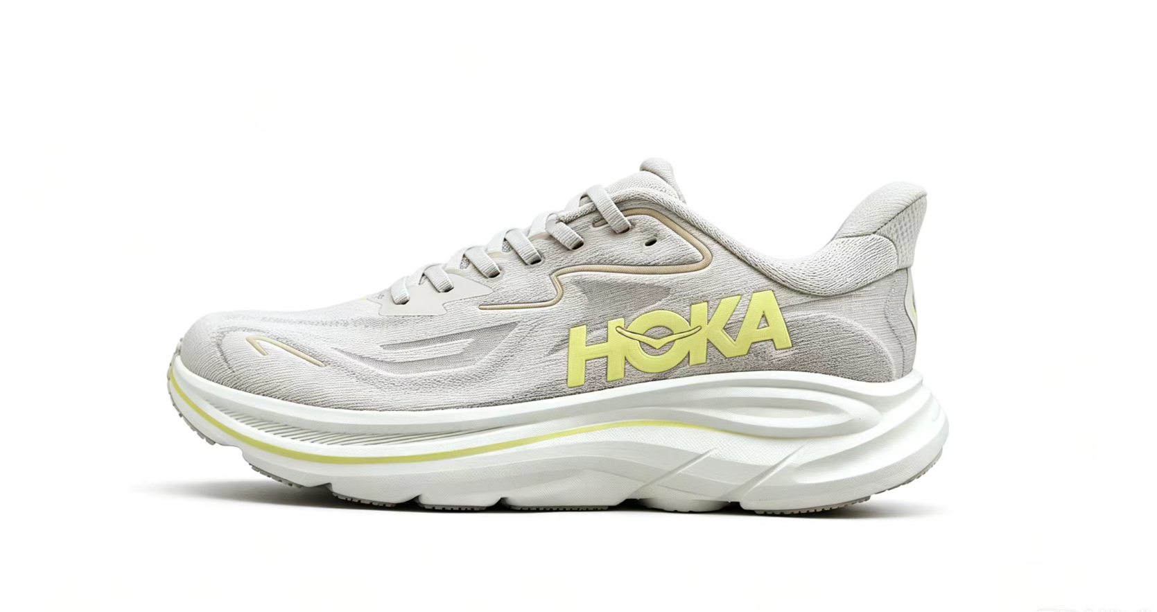 HOKA ONE ONE Clifton 10 – Light Grey & Lemon Lightweight Running Sneaker