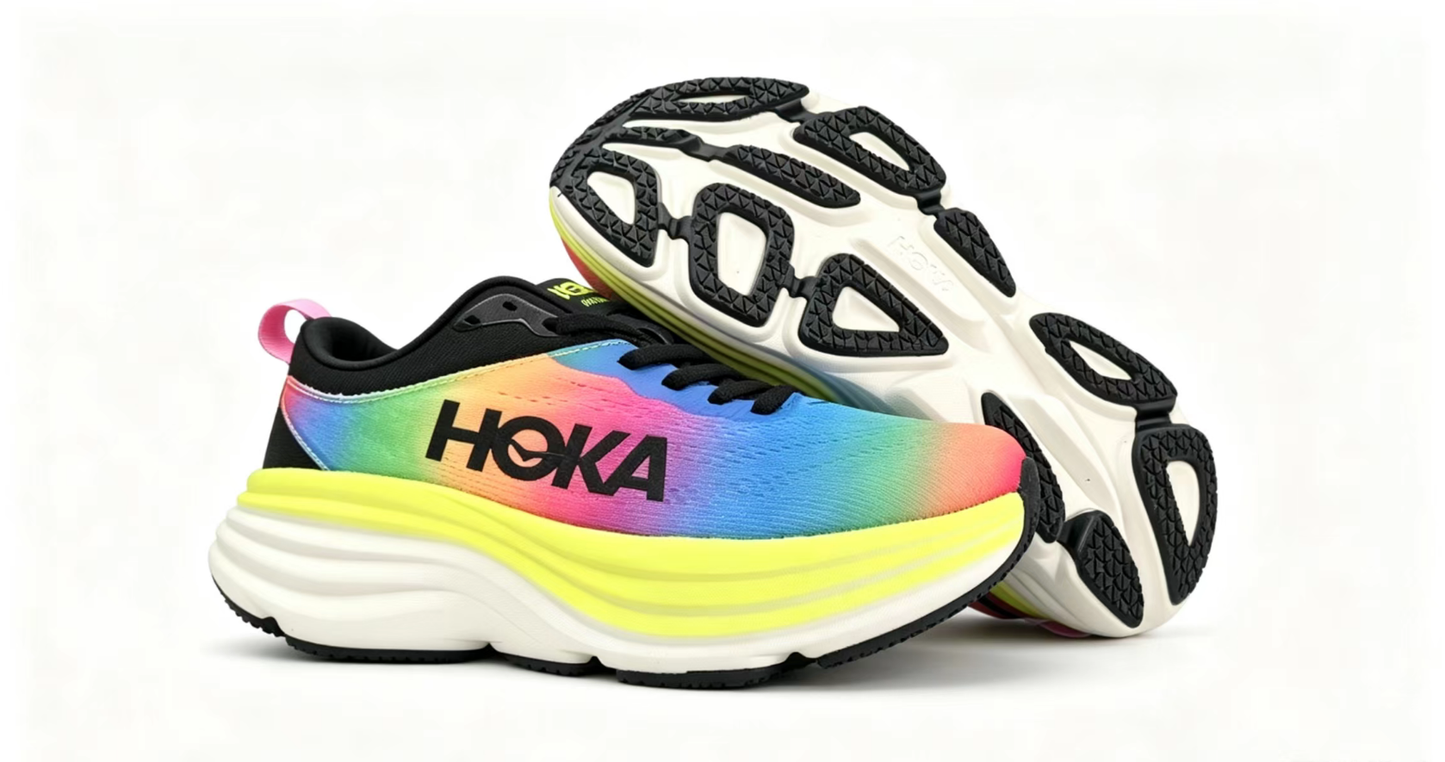 HOKA ONE ONE Bondi 8 “Rainbow Neon” Max Cushion Running Shoes