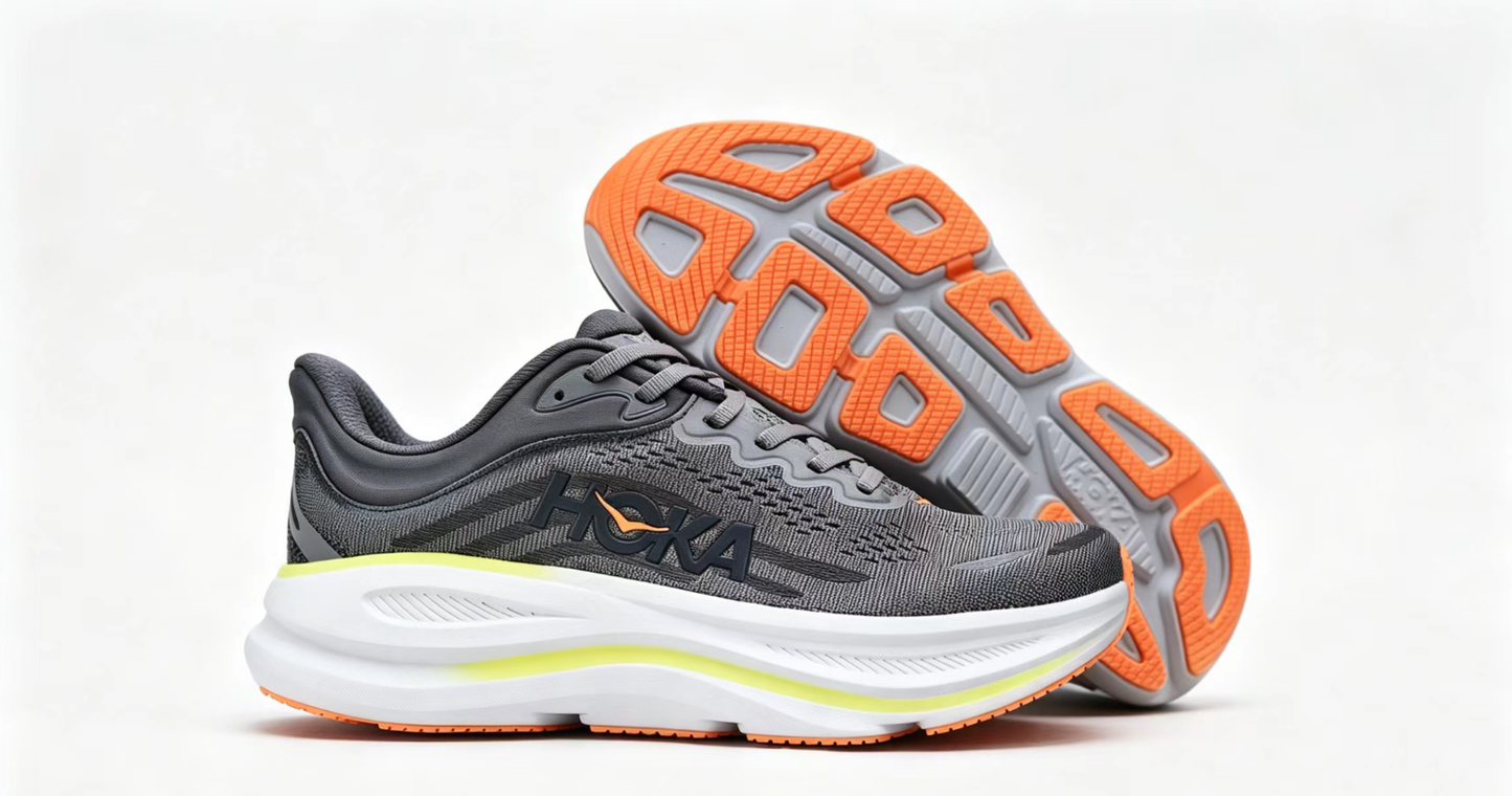HOKA ONE ONE Bondi 9 – Cushioned Running Shoe in Dark Grey & Neon
