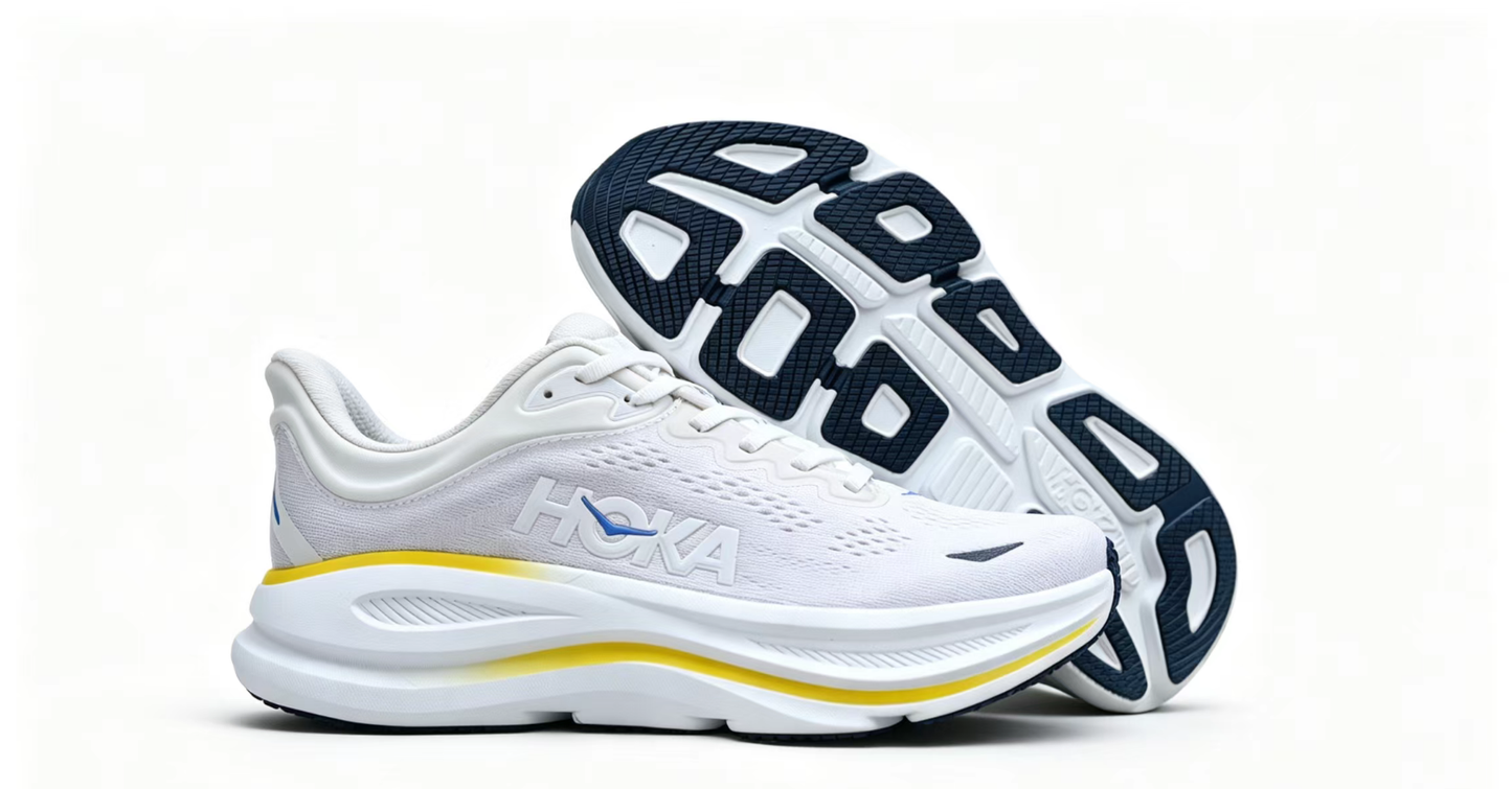 HOKA ONE ONE Bondi 9 – Cushioned Running Shoe in White & Yellow