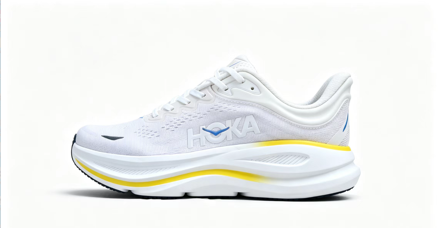 HOKA ONE ONE Bondi 9 – Cushioned Running Shoe in White & Yellow