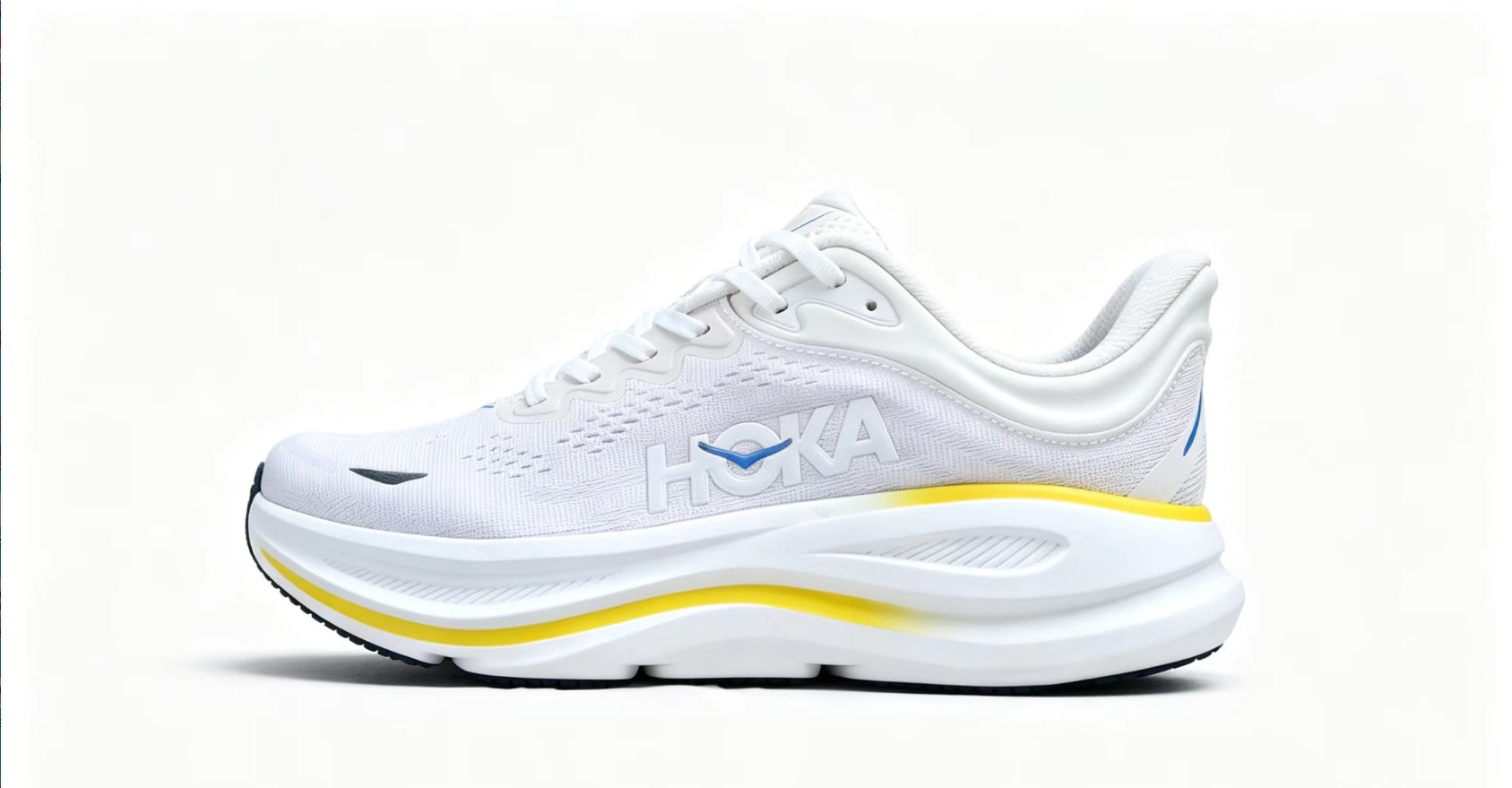 HOKA ONE ONE Bondi 9 – Cushioned Running Shoe in White & Yellow