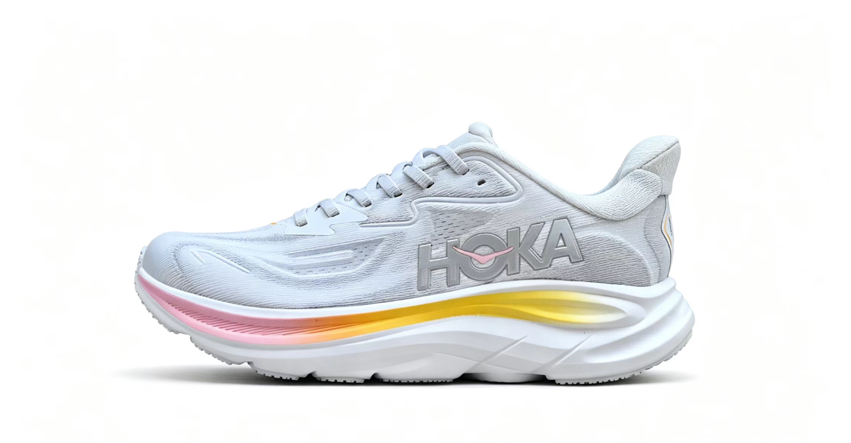 HOKA ONE ONE Clifton 10 – Light Grey Running Shoes with Pink & Orange Gradient Midsole