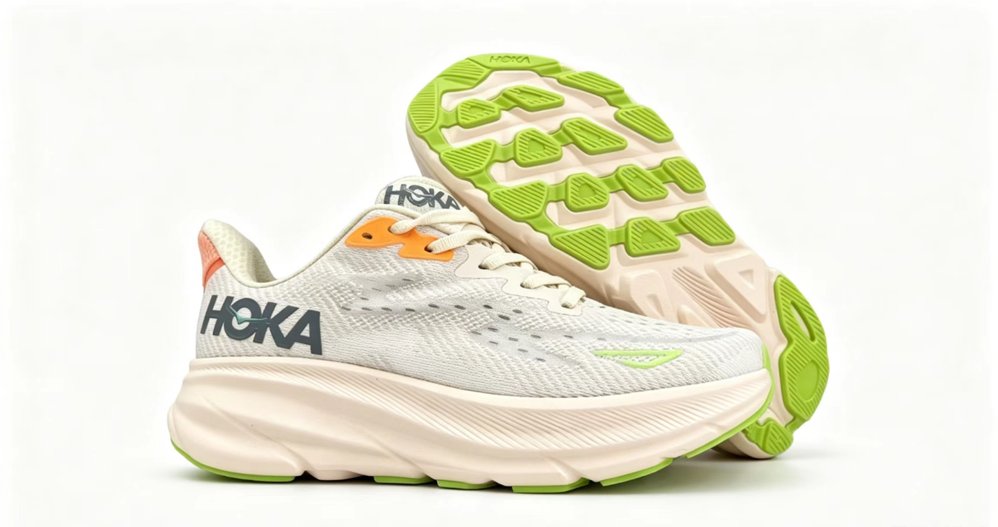 HOKA ONE ONE Clifton 9 – Beige & Green Running Shoes