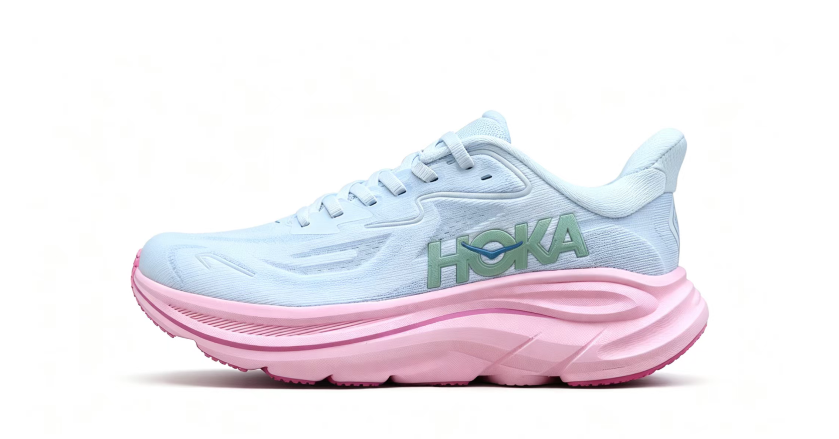 HOKA ONE ONE Clifton 10 – Light Blue with Pink Sole & Green Logo Running Shoes
