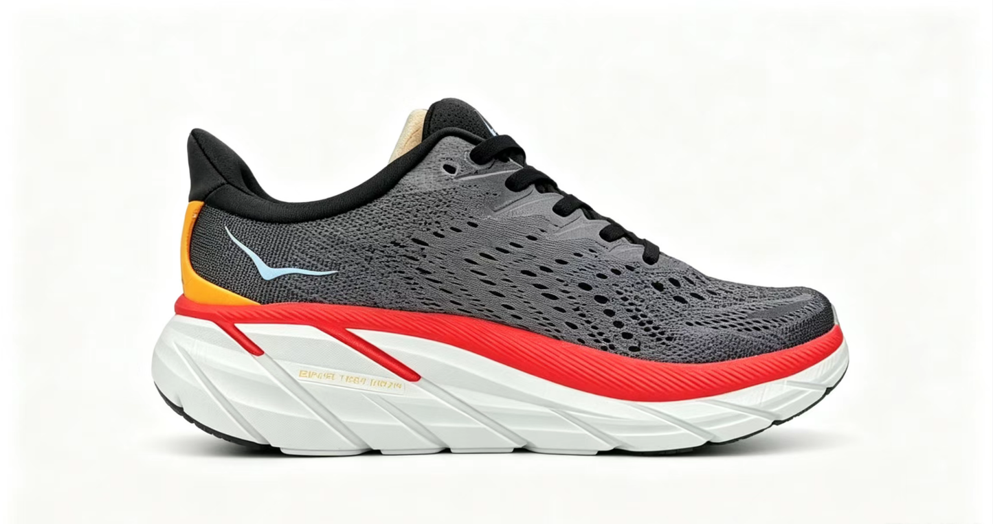 HOKA ONE ONE Clifton 8 – Grey/Red/Yellow Lightweight Running Shoes