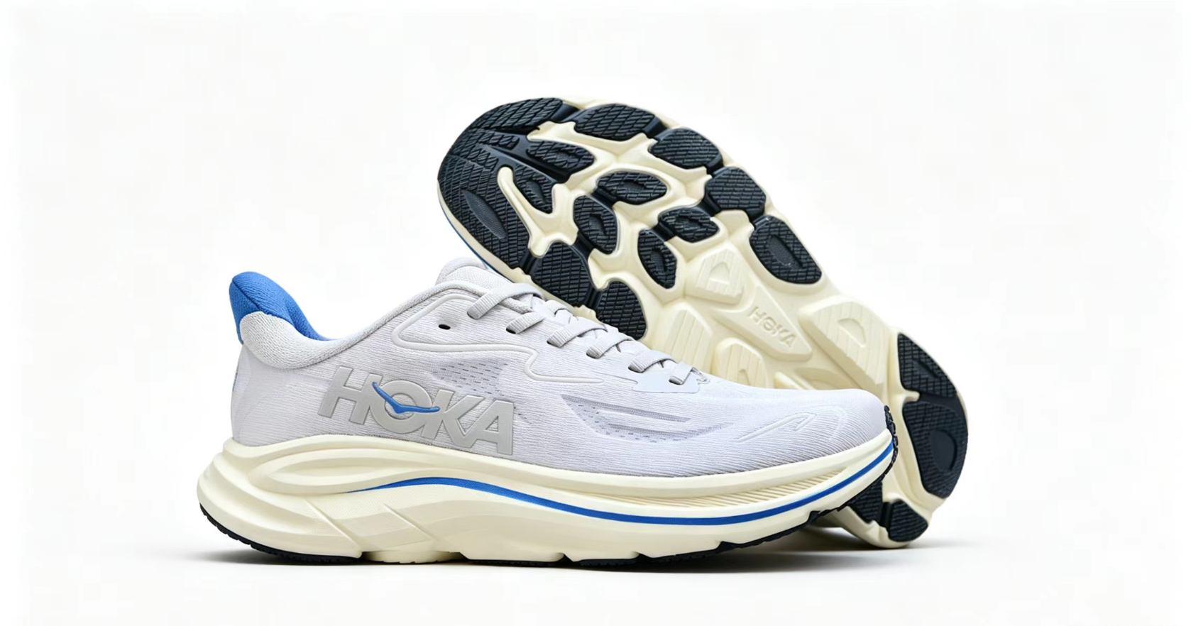 HOKA ONE ONE Clifton 10 – White Running Shoes with Blue Heel and Midsole Accent