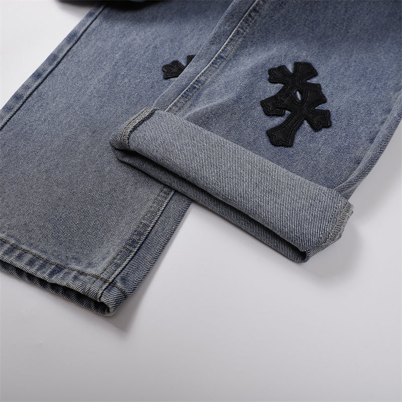 Chrome Hearts Distressed Denim Jeans | Stretch Tapered Fit