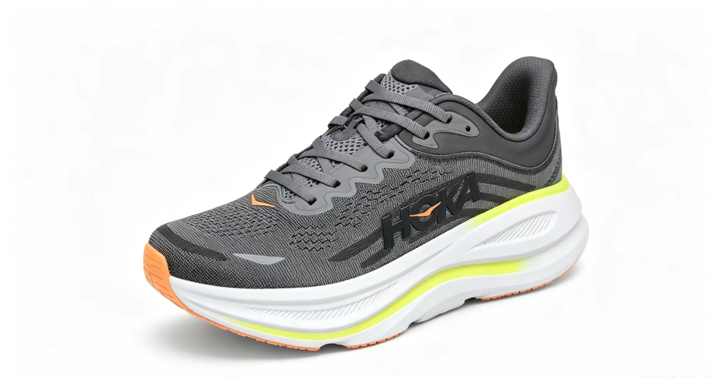 HOKA ONE ONE Bondi 9 – Cushioned Running Shoe in Dark Grey & Neon