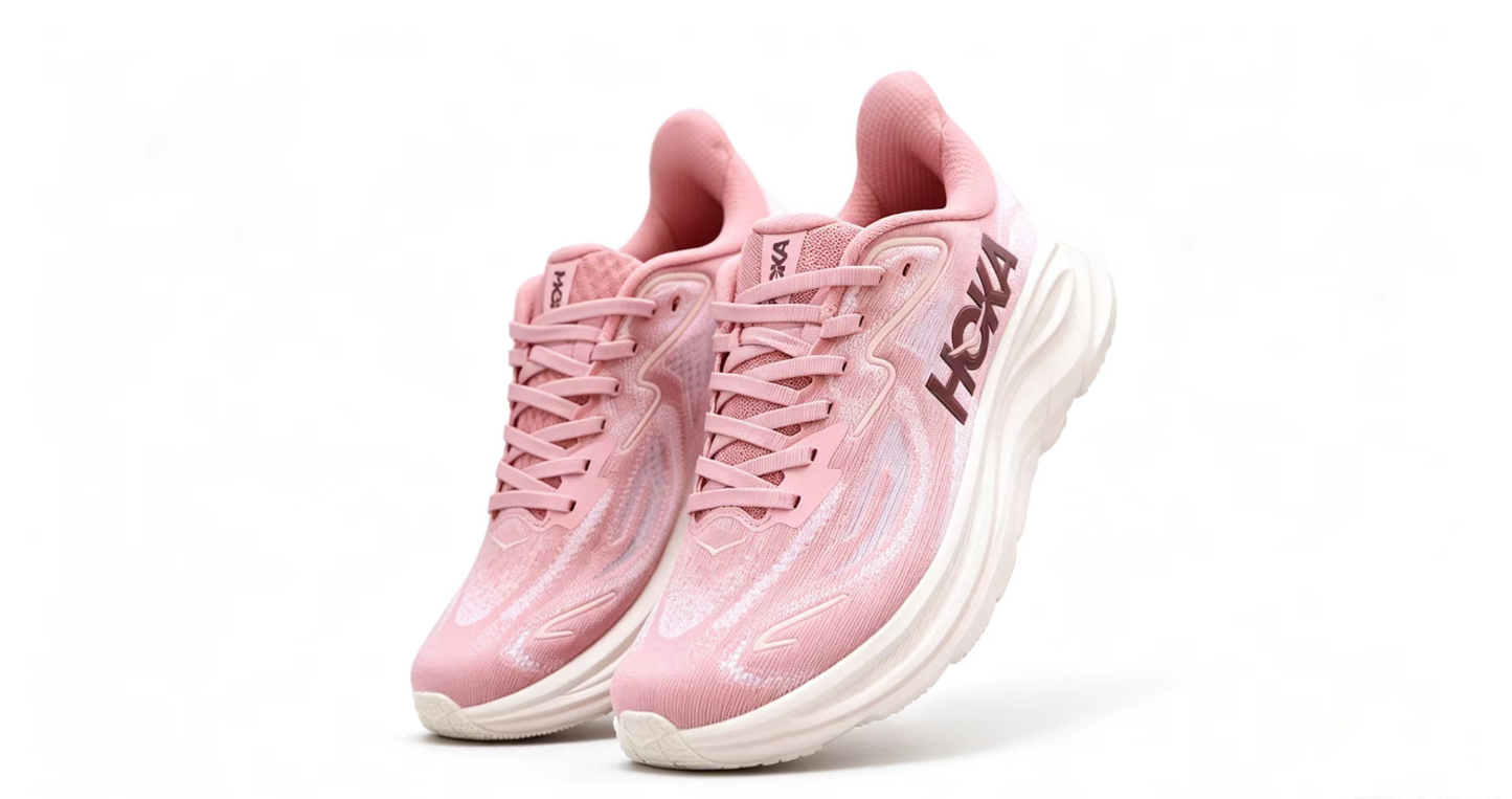 HOKA ONE ONE Clifton 10 – Pink with Burgundy Logo Running Shoes