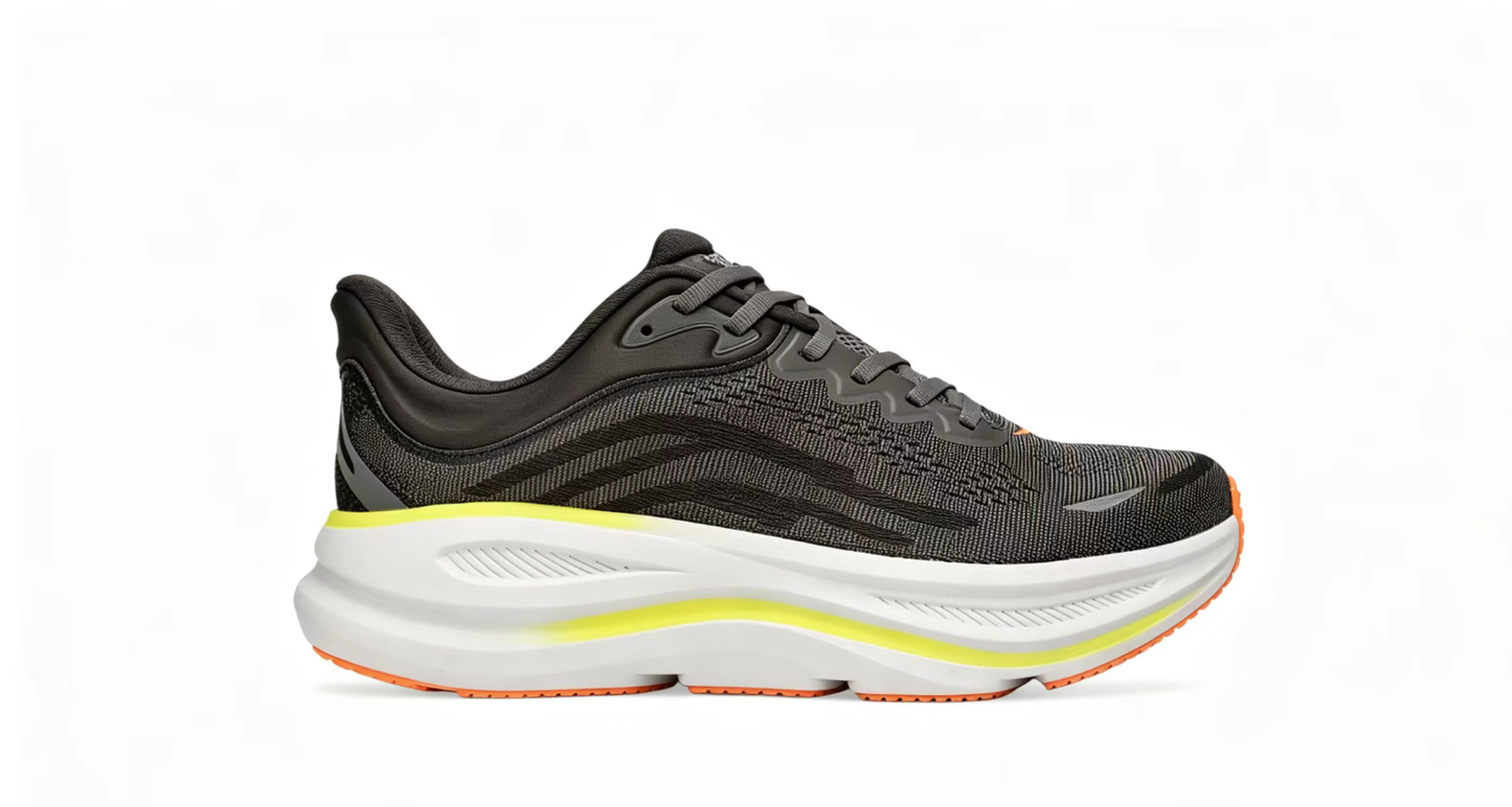 HOKA ONE ONE Bondi 9 – Cushioned Running Shoe in Dark Grey & Neon