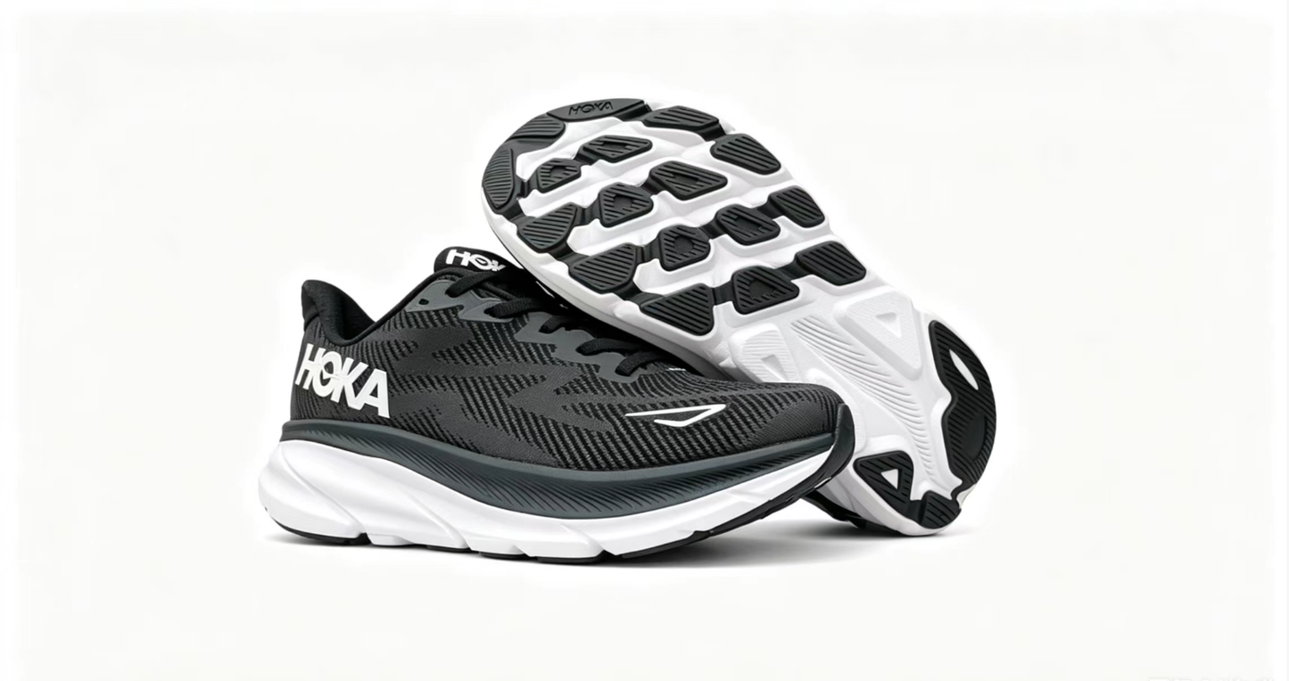 HOKA ONE ONE Clifton 9 – Black/White | Lightweight Cushioned Running Shoes