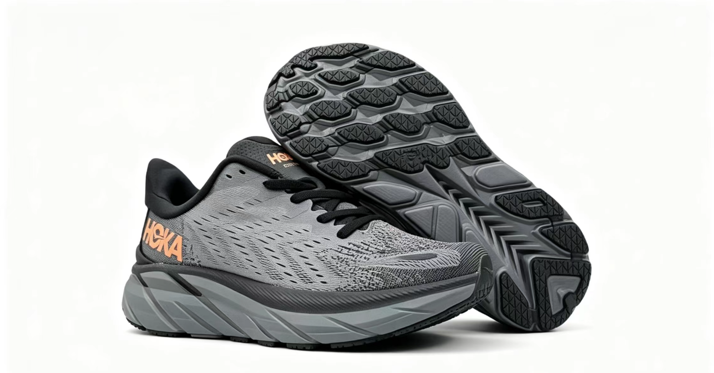 HOKA ONE ONE Clifton 8 – Black/Grey Running Shoes with Orange Accent