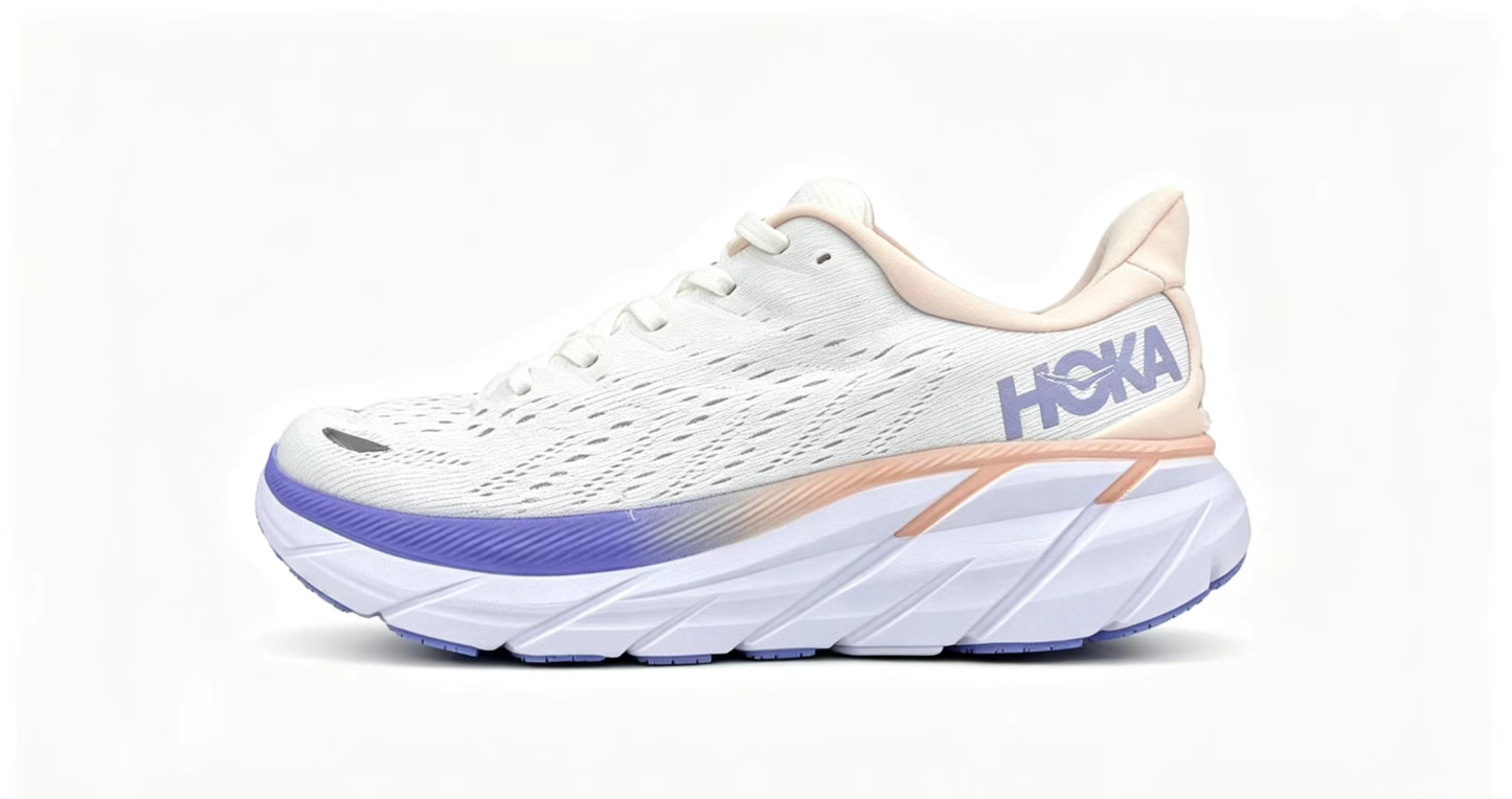 HOKA ONE ONE Clifton 8 – White & Purple Running Shoes