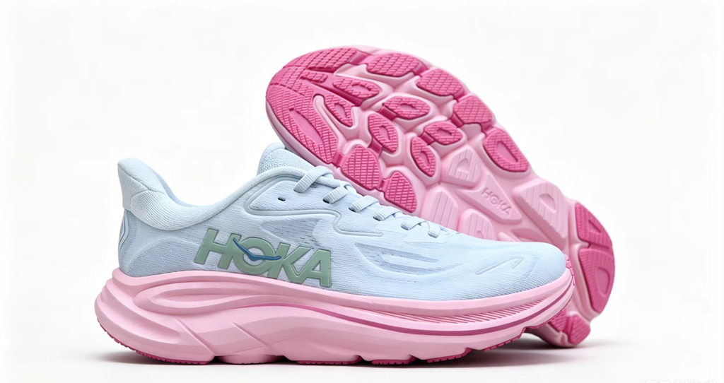 HOKA ONE ONE Clifton 10 – Light Blue with Pink Sole & Green Logo Running Shoes