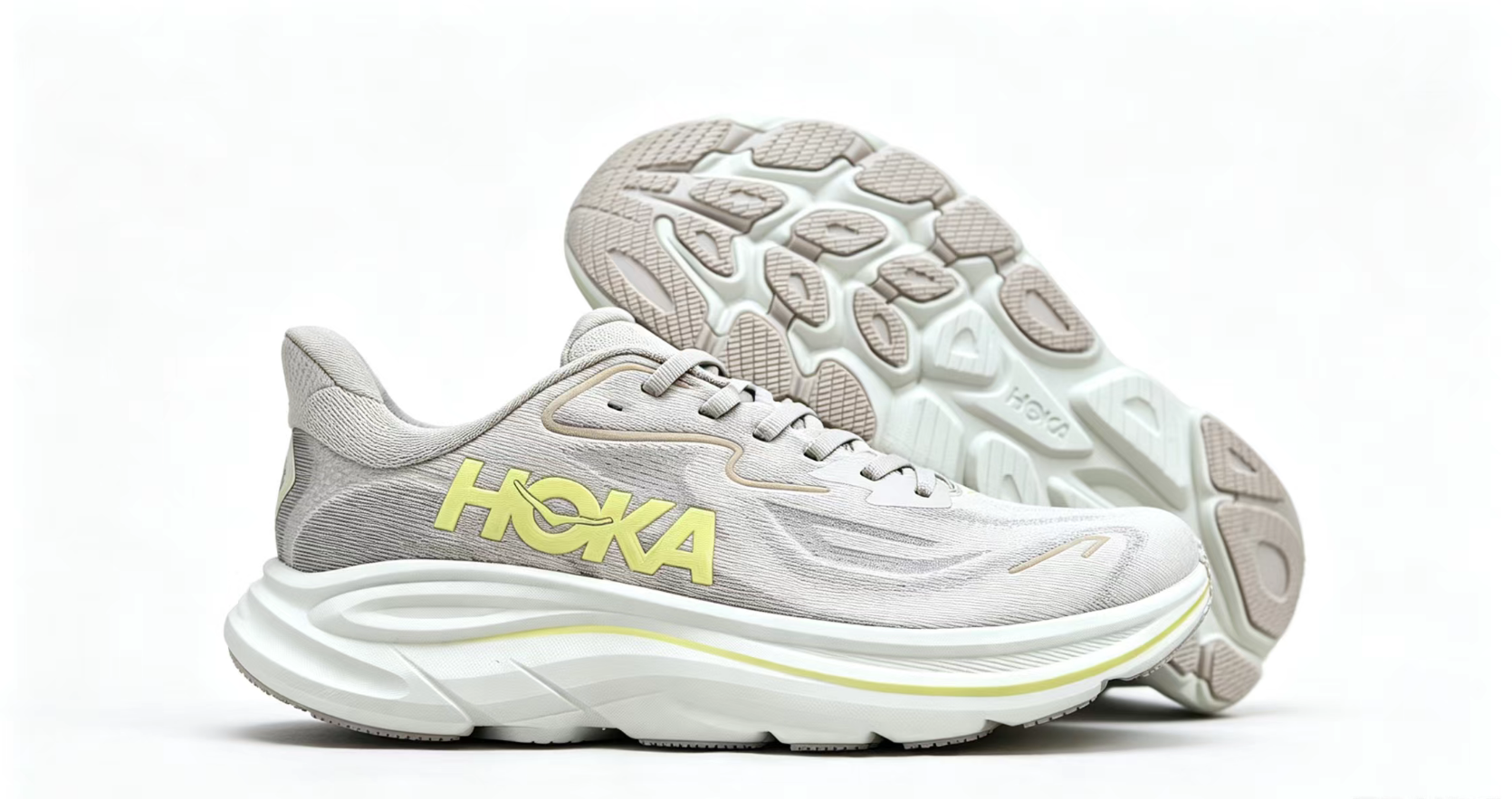 HOKA ONE ONE Clifton 10 – Light Grey & Lemon Lightweight Running Sneaker