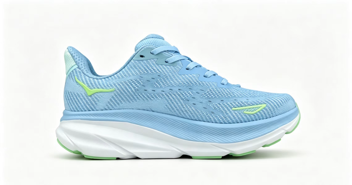 HOKA ONE ONE Clifton 9 – Sky Blue & Neon Green Running Shoes