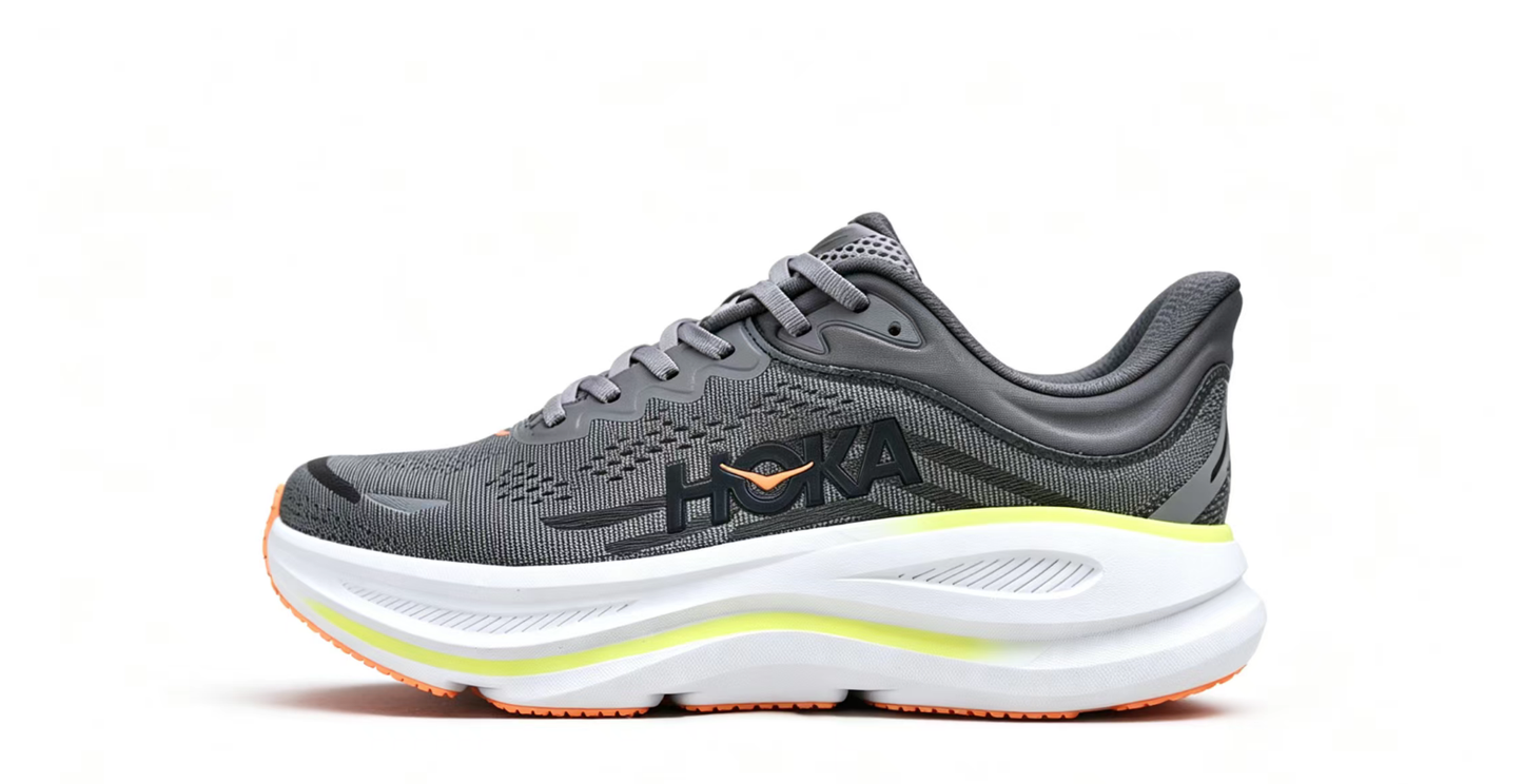 HOKA ONE ONE Bondi 9 – Cushioned Running Shoe in Dark Grey & Neon