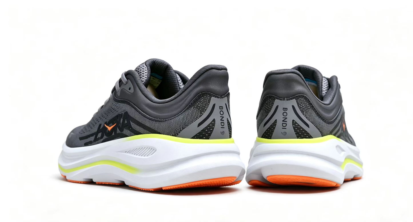 HOKA ONE ONE Bondi 9 – Cushioned Running Shoe in Dark Grey & Neon