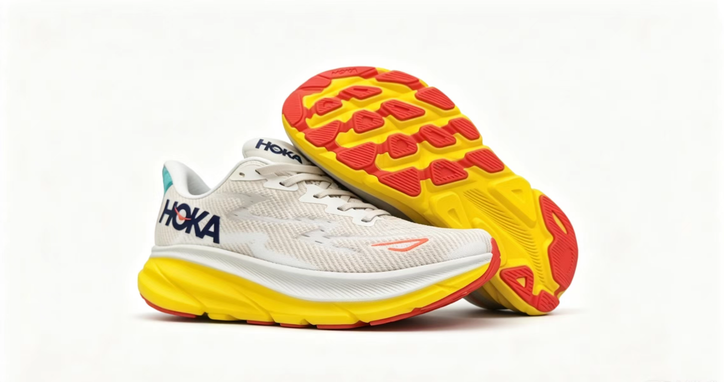 HOKA ONE ONE Clifton 9 – White/Yellow/Teal | Lightweight Cushioned Running Shoes