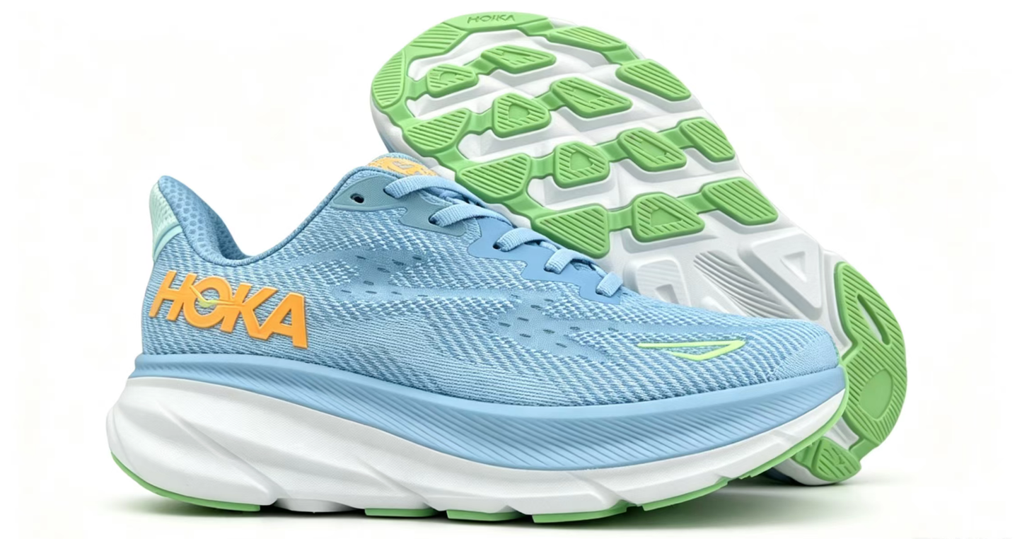 HOKA ONE ONE Clifton 9 – Sky Blue & Neon Green Running Shoes