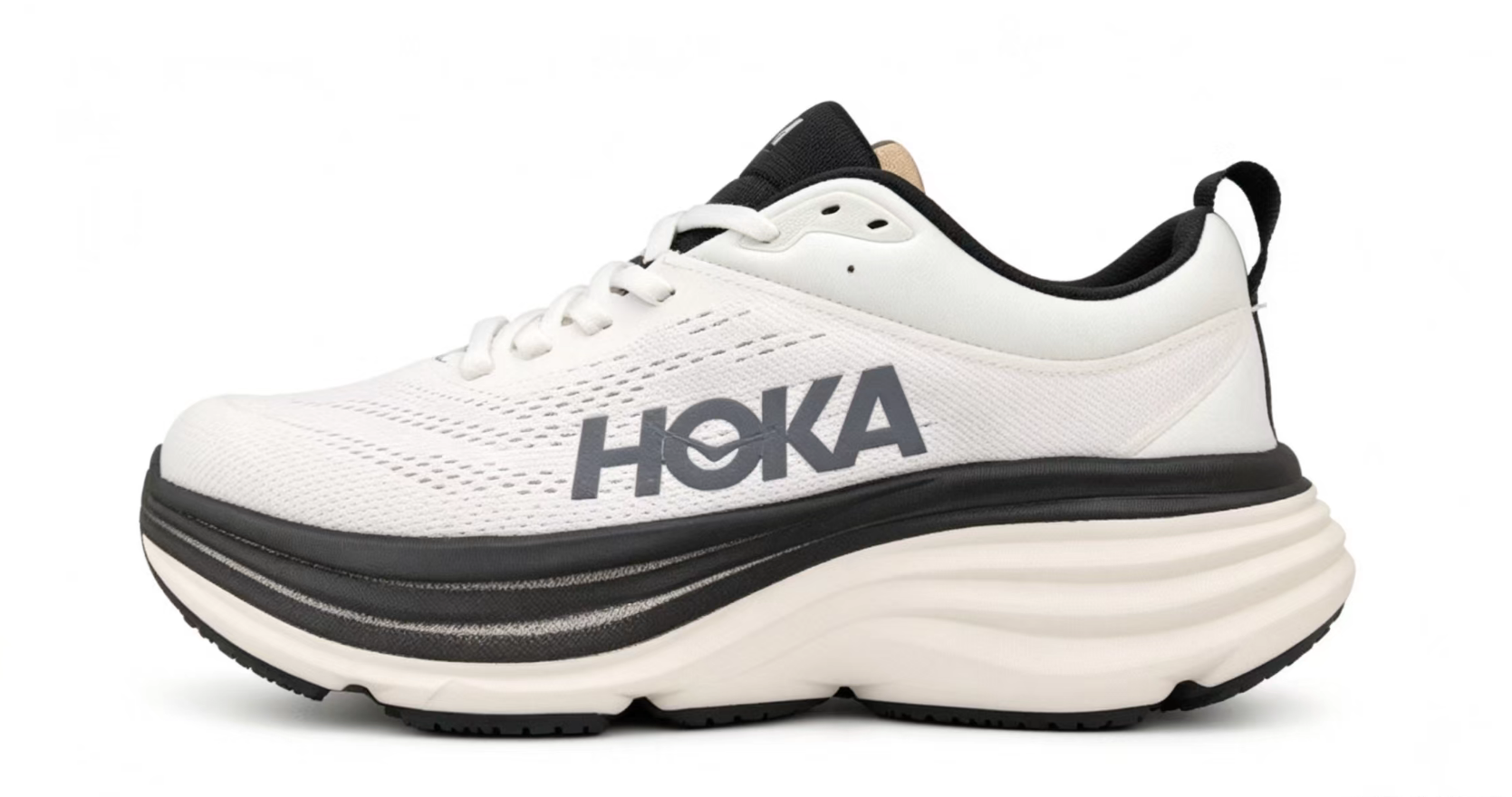 HOKA ONE ONE Bondi 8 White Black Cushioned Performance Running Shoes