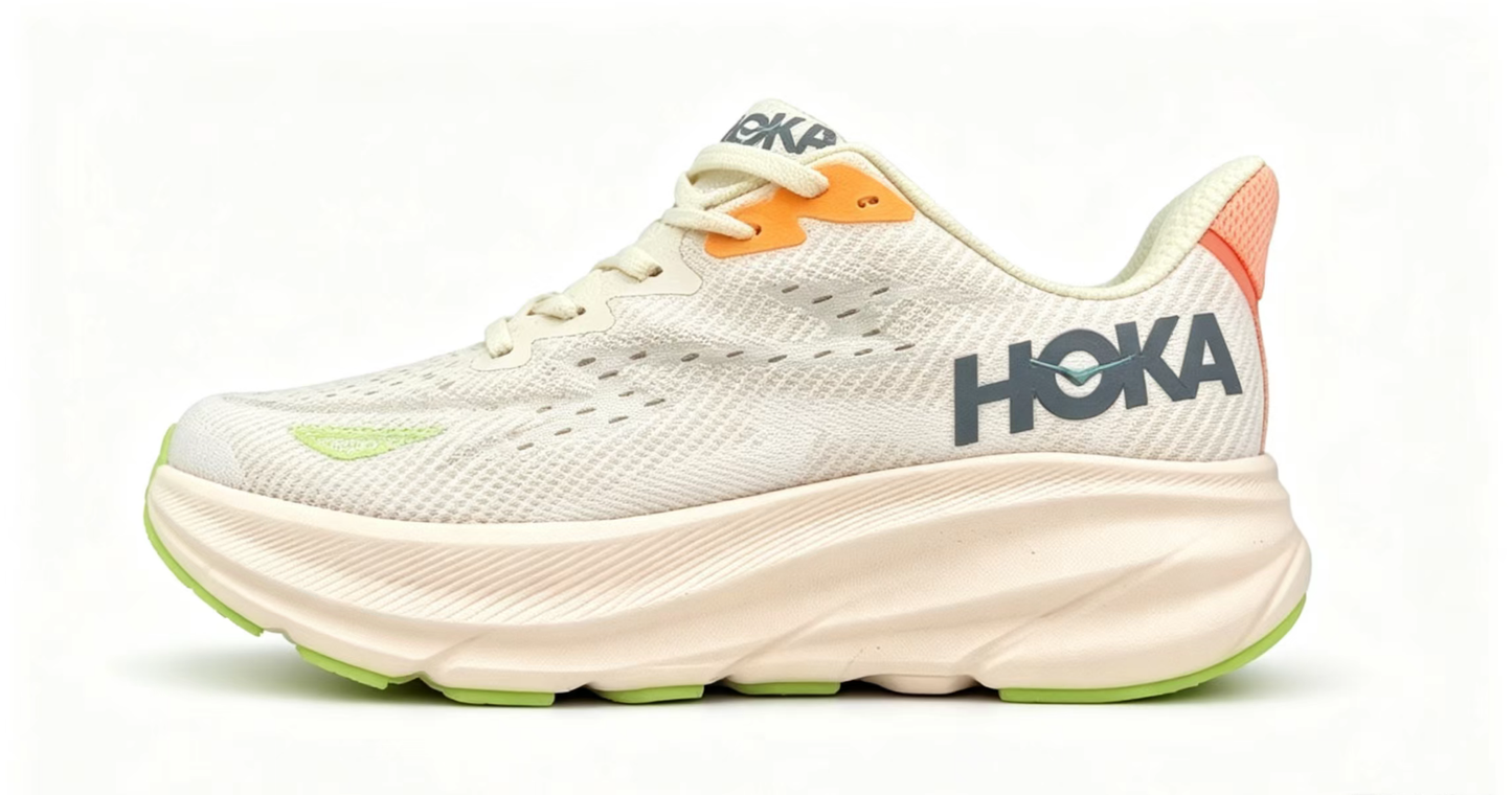 HOKA ONE ONE Clifton 9 – Beige & Green Running Shoes