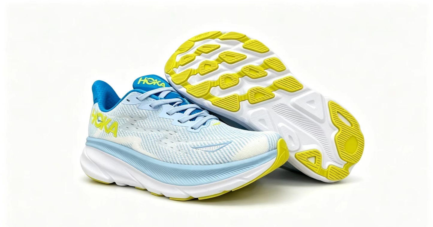 HOKA ONE ONE Clifton 9 – Light Blue & Neon Yellow Running Shoes