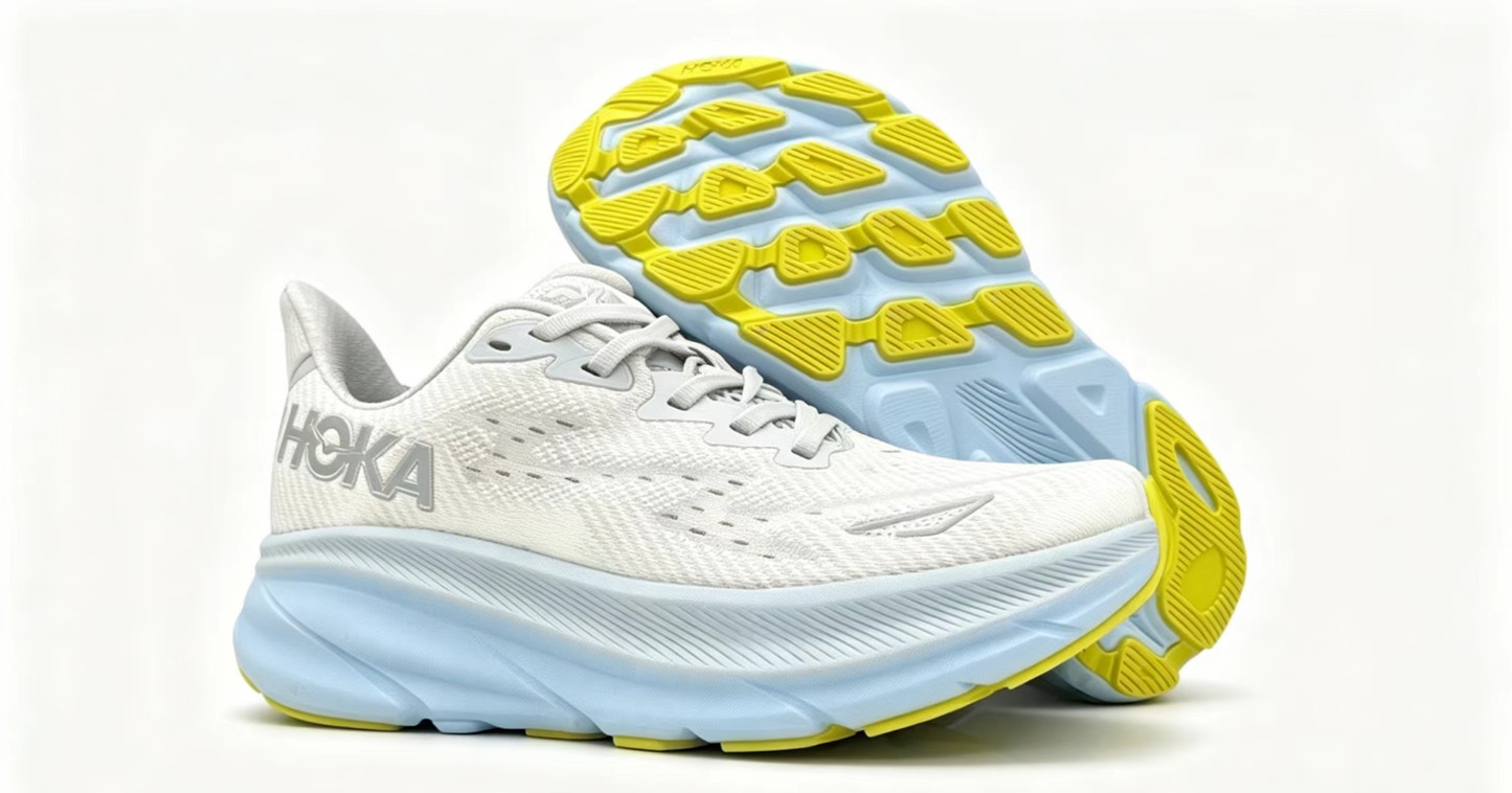 HOKA ONE ONE Clifton 9 – White/Light Blue/Yellow | Lightweight Cushioned Running Shoes