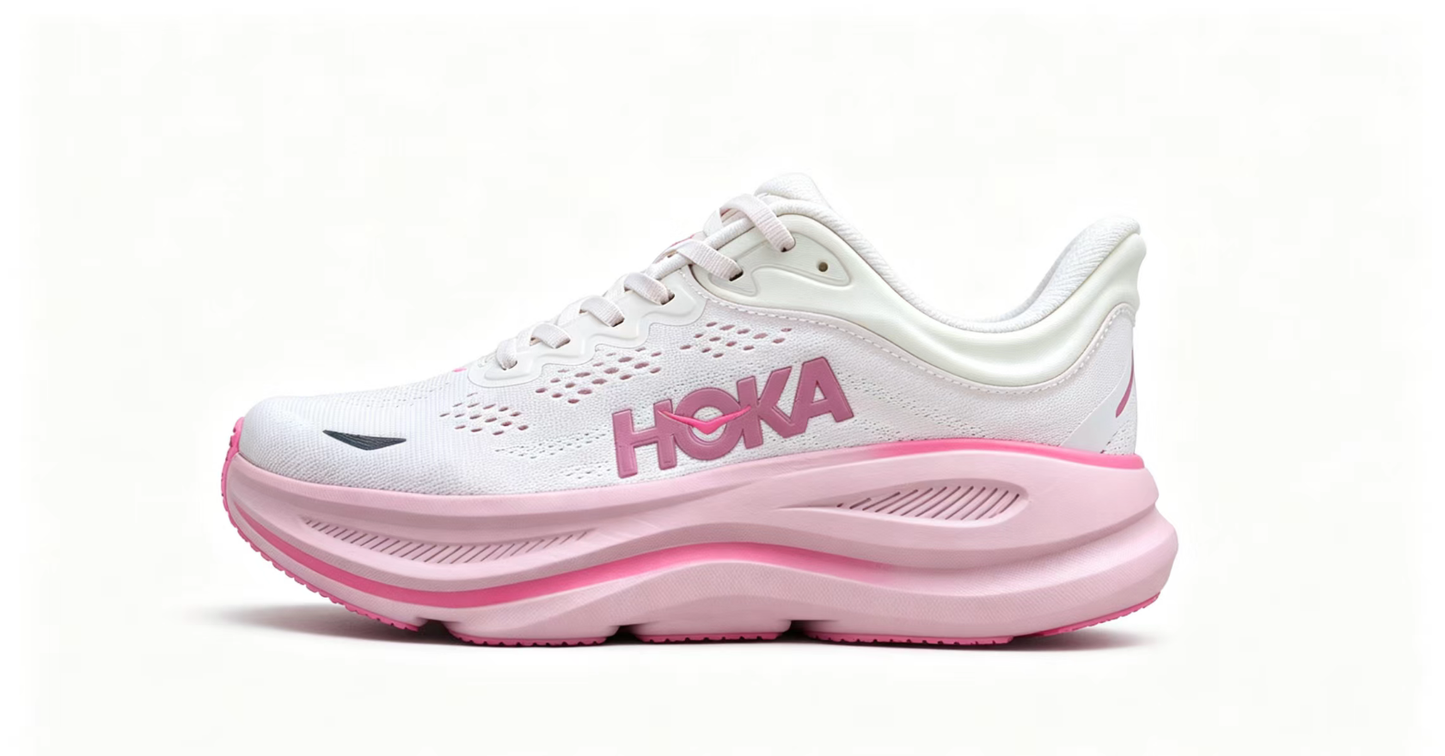 HOKA ONE ONE Bondi 9 – Cushioned Running Shoe in Pink & White