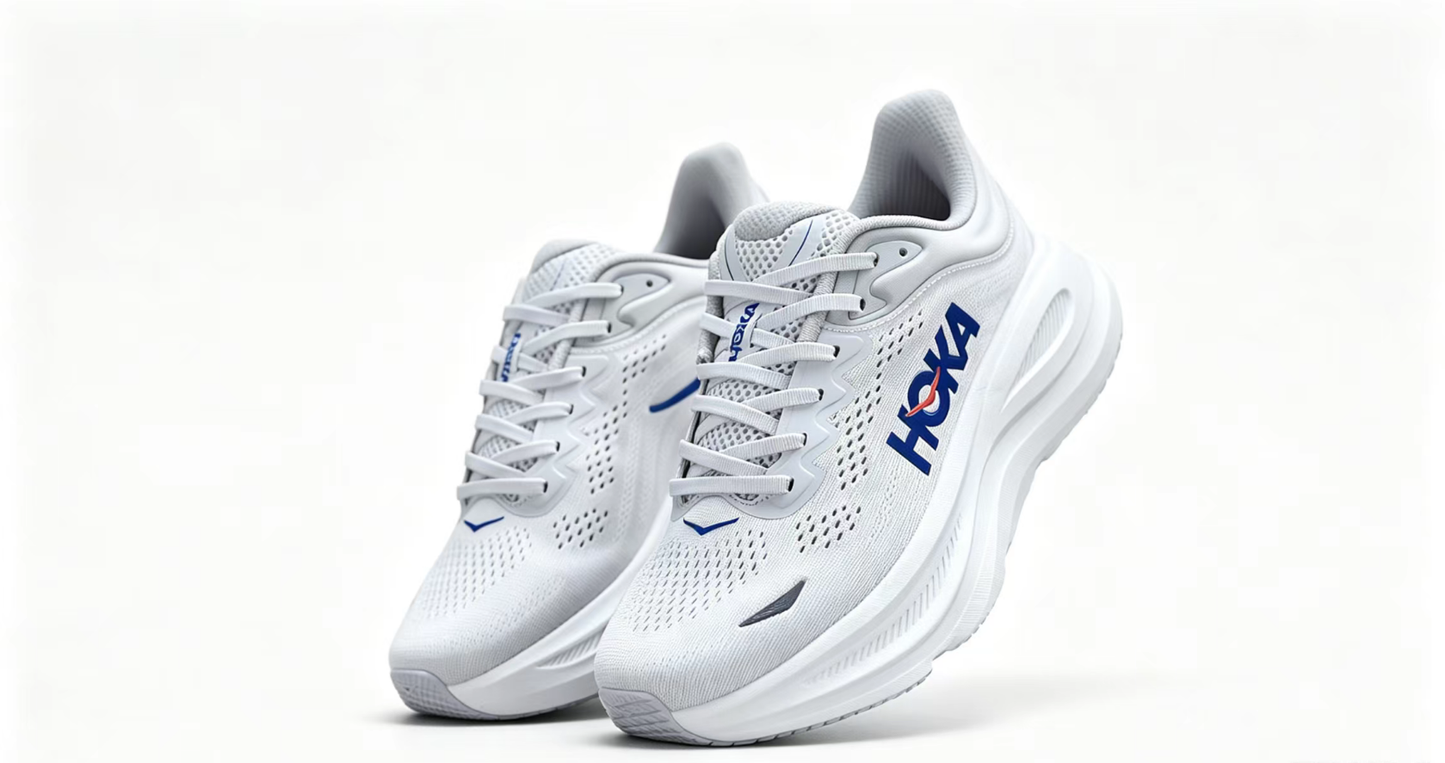HOKA ONE ONE Bondi 9 – White Blue Cushioned Running Shoes