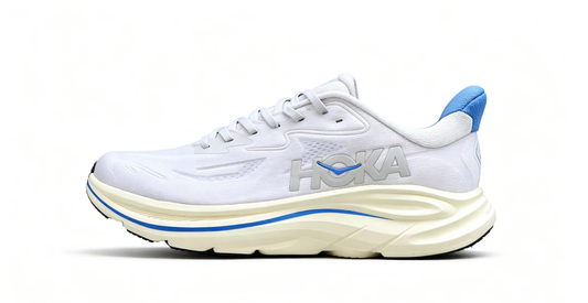 HOKA ONE ONE Clifton 10 – White Running Shoes with Blue Heel and Midsole Accent