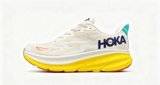 HOKA ONE ONE Clifton 9 – White/Yellow/Teal | Lightweight Cushioned Running Shoes