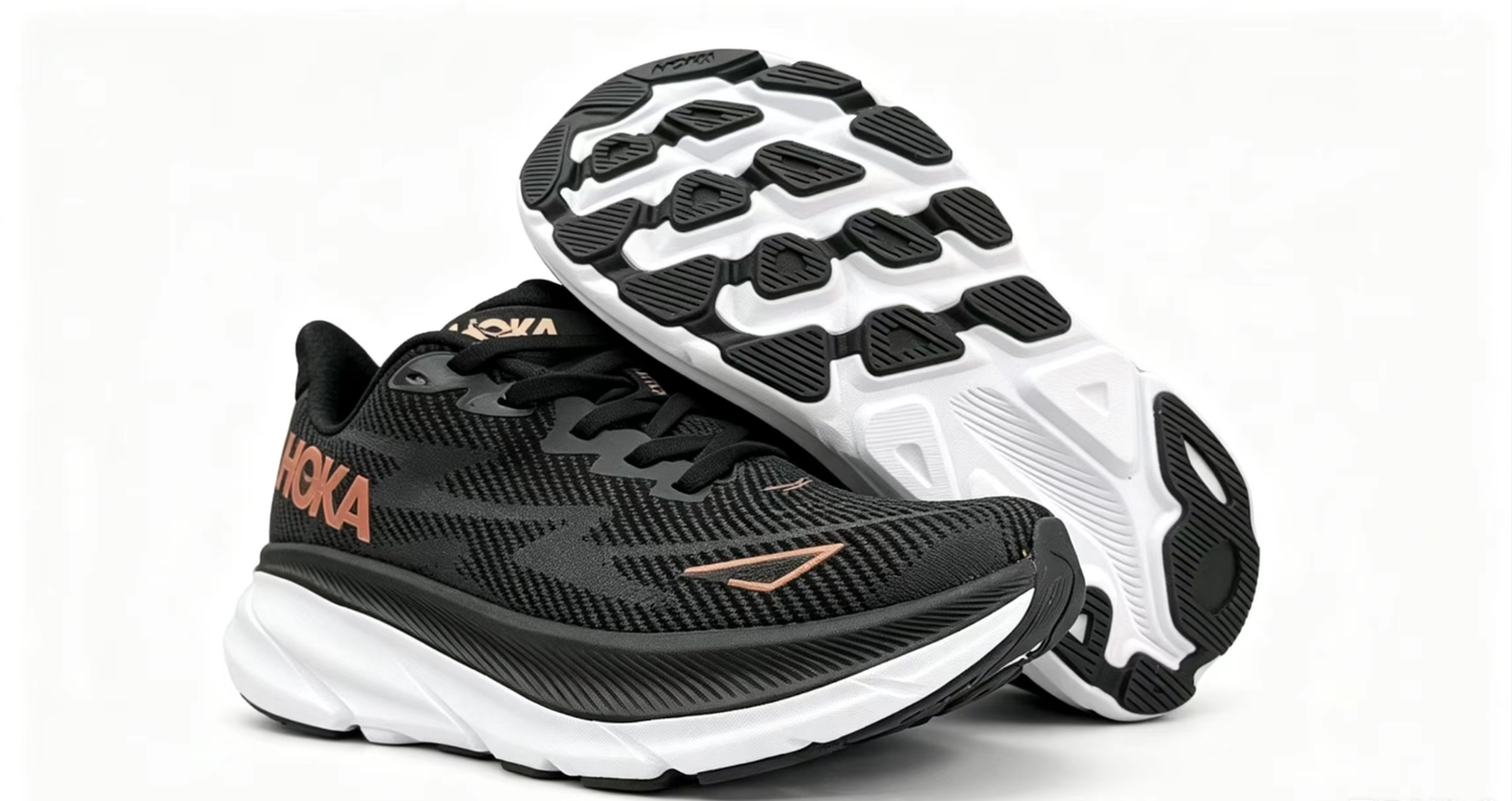 HOKA ONE ONE Clifton 9 – Black/Orange | Lightweight Cushioned Running Shoes
