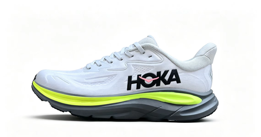 HOKA ONE ONE Clifton 10 – White & Neon Yellow Lightweight Running Sneaker
