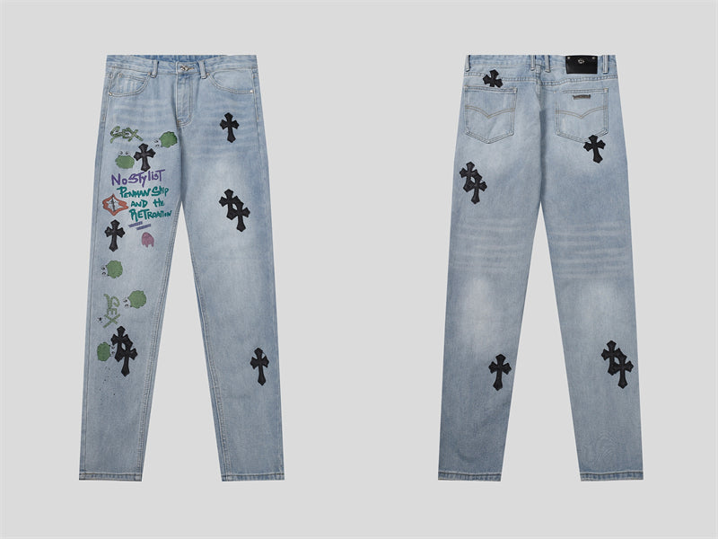 Chrome Hearts Distressed Denim Jeans | Stretch Tapered Fit