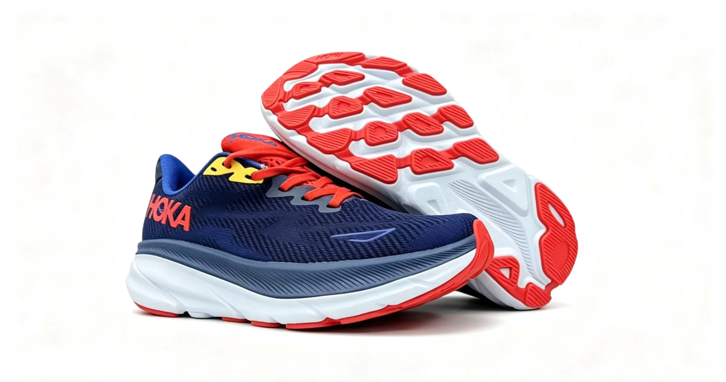 HOKA ONE ONE Clifton 9 – Poseidon/Fiery Red | Lightweight Cushioned Running Shoes