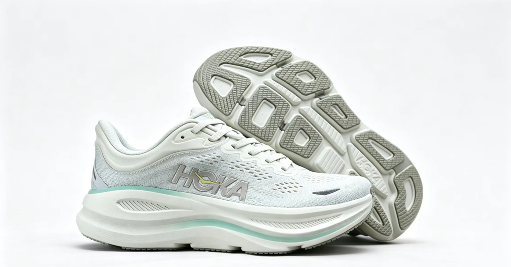 HOKA ONE ONE Bondi 9 – Cushioned Running Shoe in Light Grey & Mint