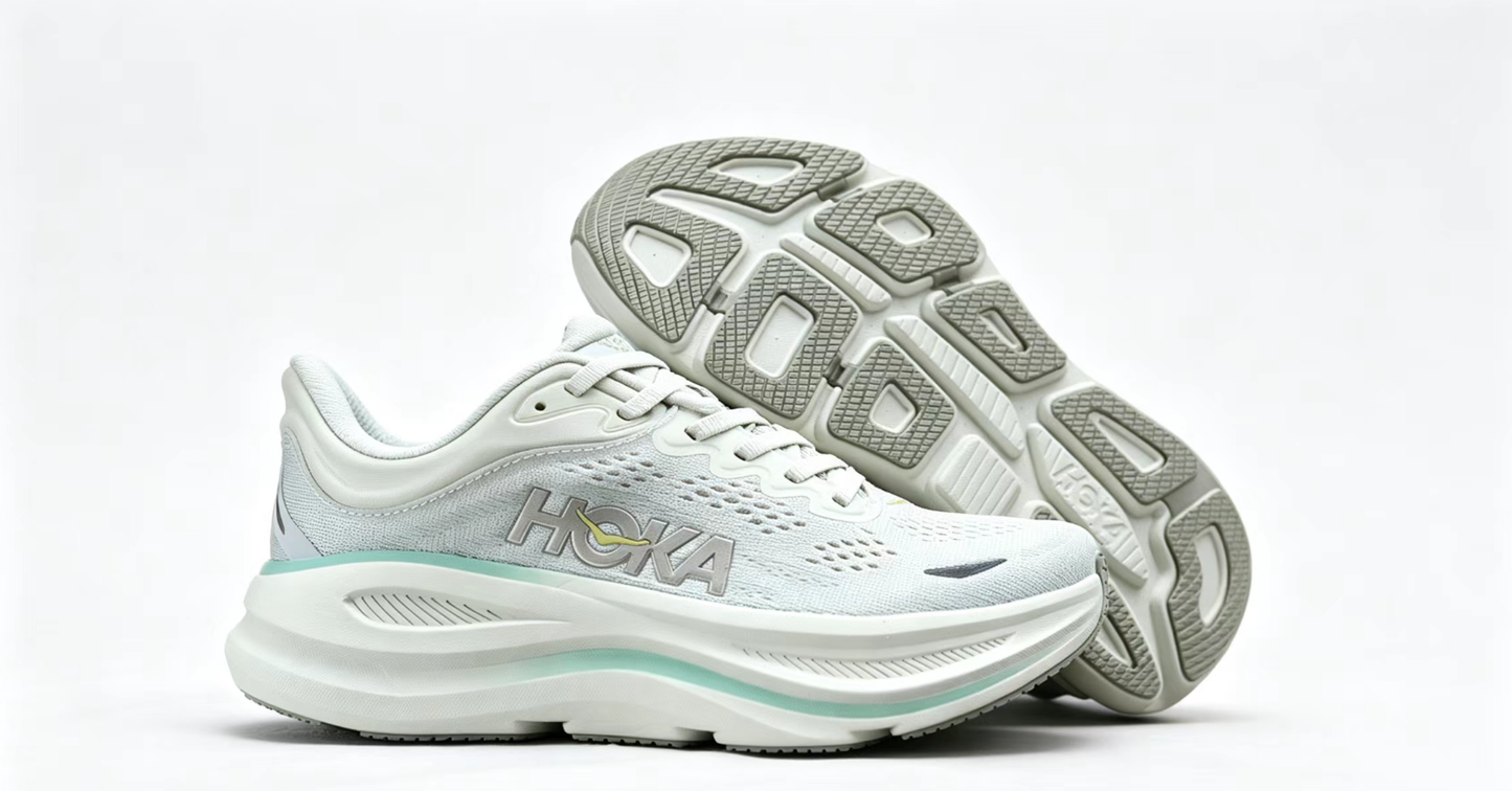 HOKA ONE ONE Bondi 9 – Cushioned Running Shoe in Light Grey & Mint