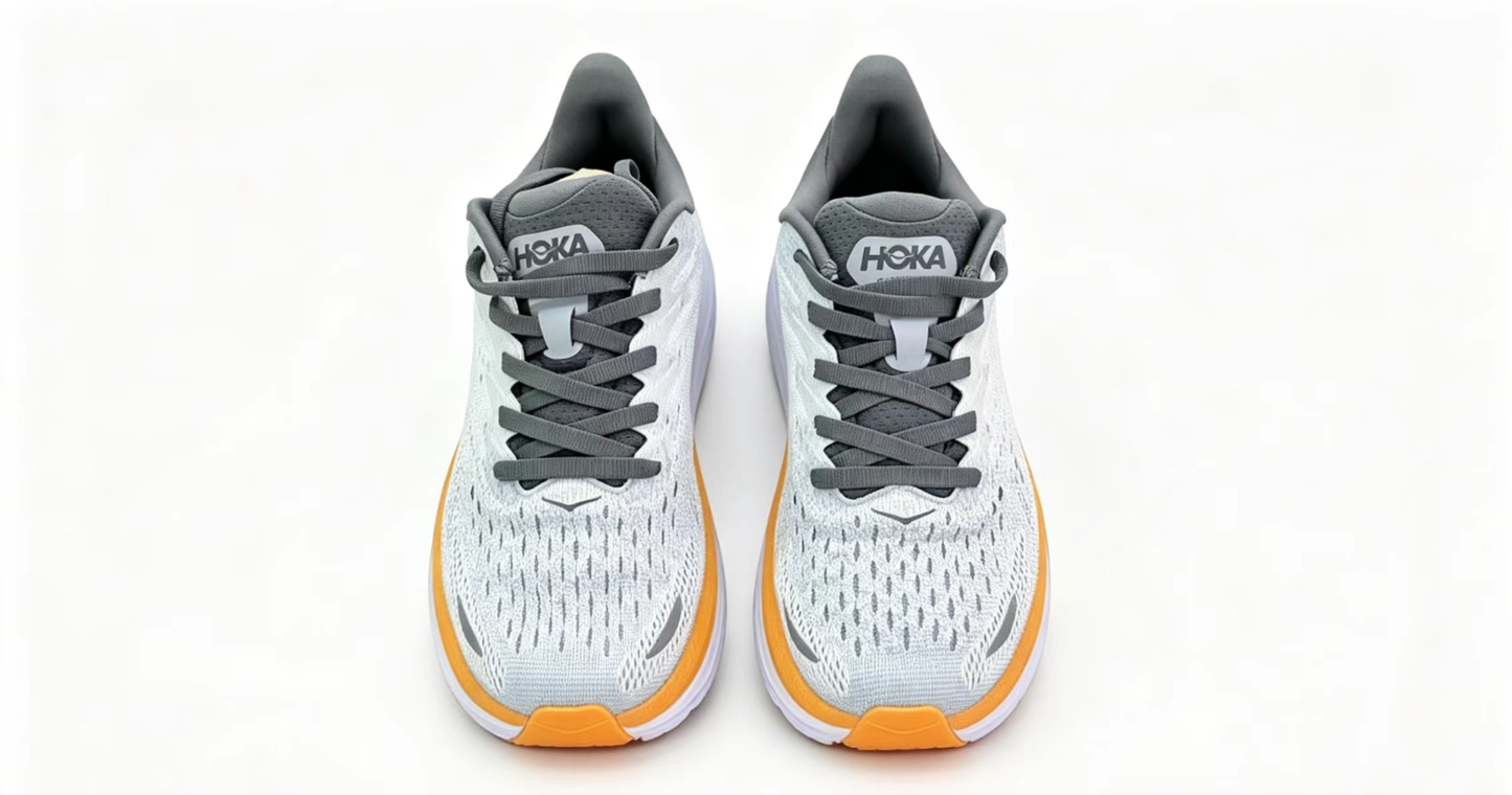 HOKA ONE ONE Clifton 8 – Light Grey / Orange Running Shoes