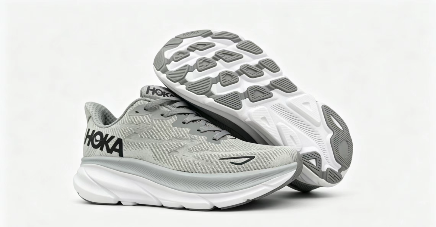 HOKA ONE ONE Clifton 9 – Light Grey/White | Lightweight Cushioned Running Shoes