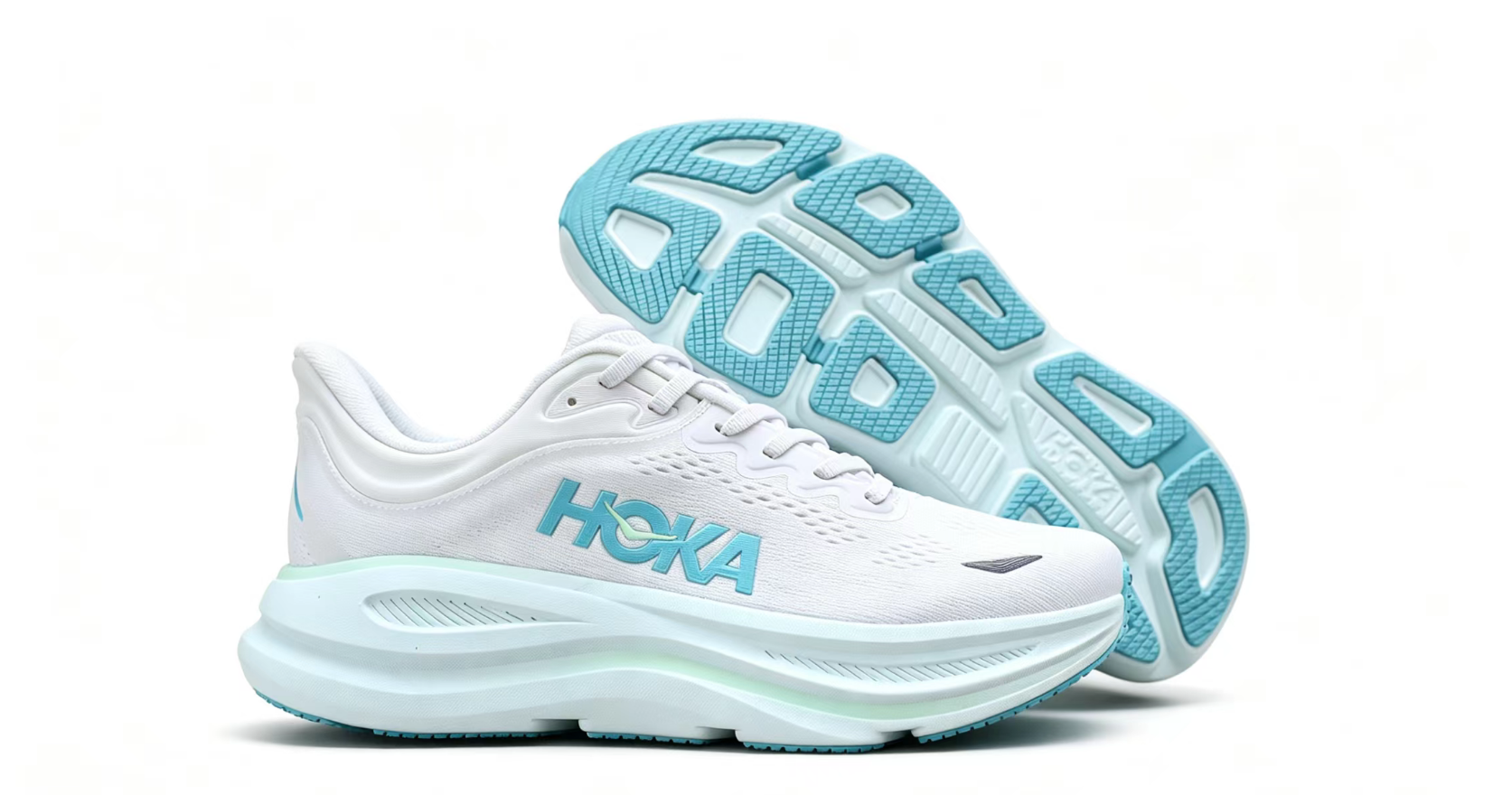 HOKA ONE ONE Bondi 9 – White / Aqua / Premium Cushioned Running Shoes
