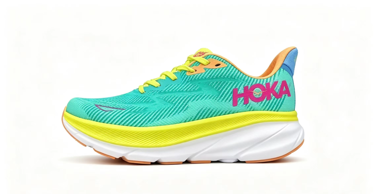 HOKA ONE ONE Clifton 9 – Aqua & Neon Yellow Running Shoes