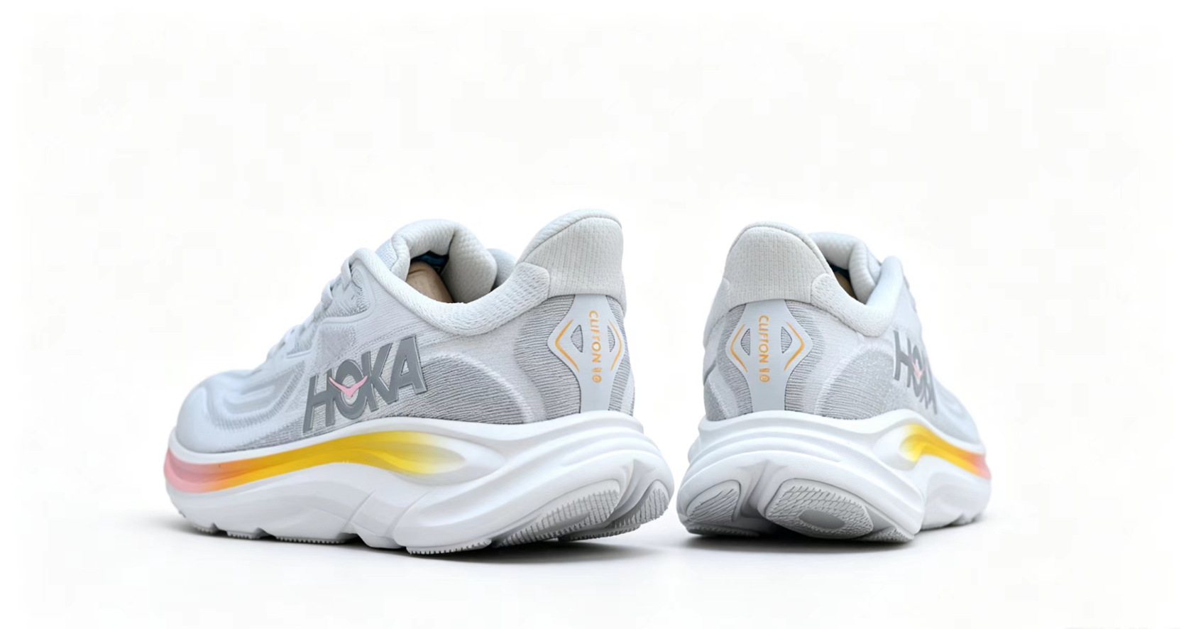 HOKA ONE ONE Clifton 10 – Light Grey Running Shoes with Pink & Orange Gradient Midsole