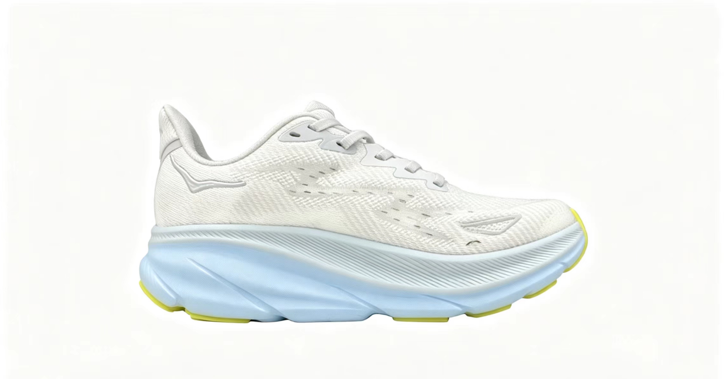 HOKA ONE ONE Clifton 9 – White/Light Blue/Yellow | Lightweight Cushioned Running Shoes