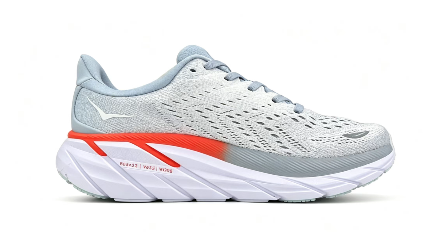 HOKA ONE ONE Clifton 8 – Light Gray & Orange Running Shoes