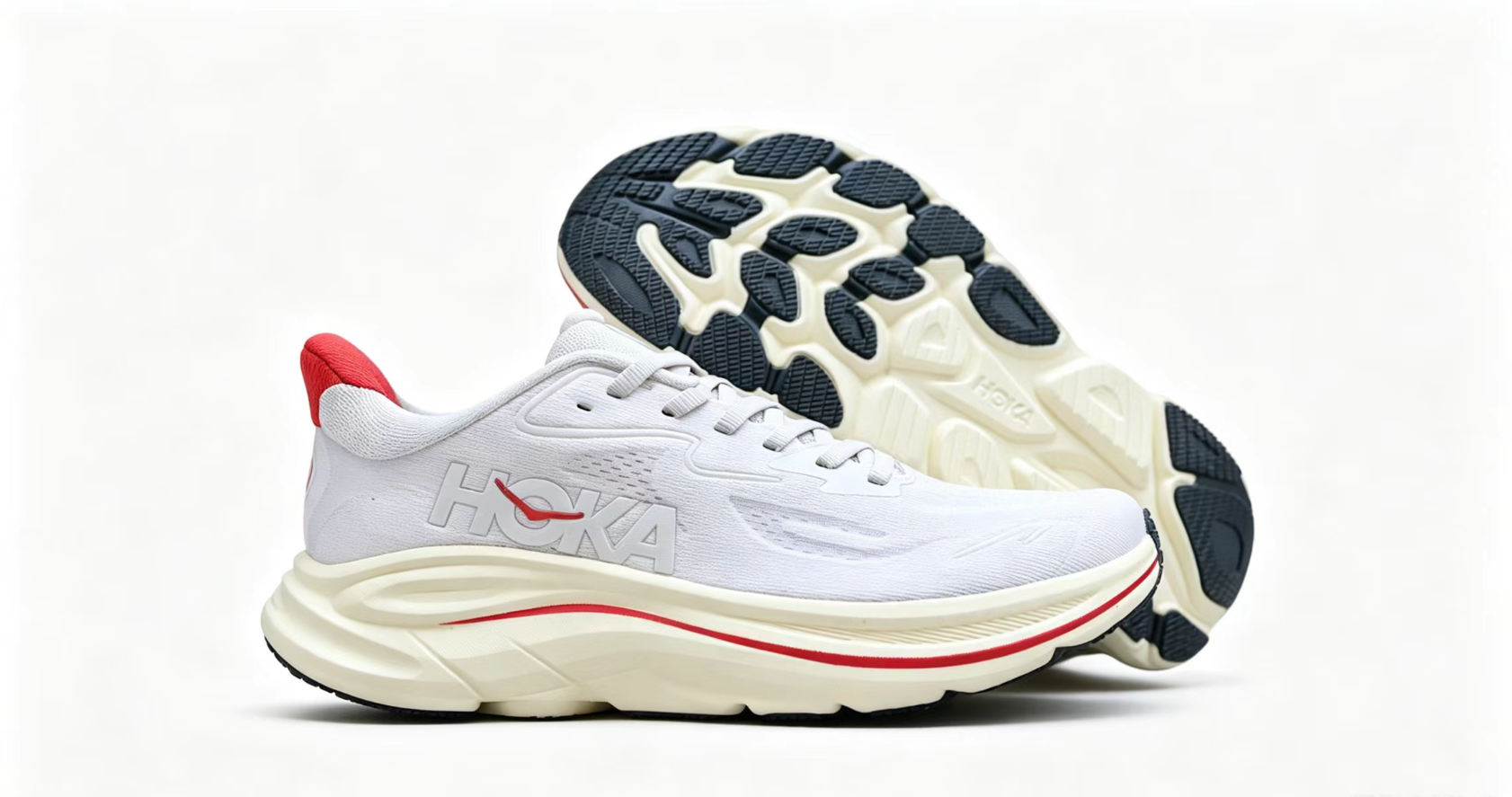 HOKA ONE ONE Clifton 10 – White Running Shoes with Red Heel and Midsole Accent