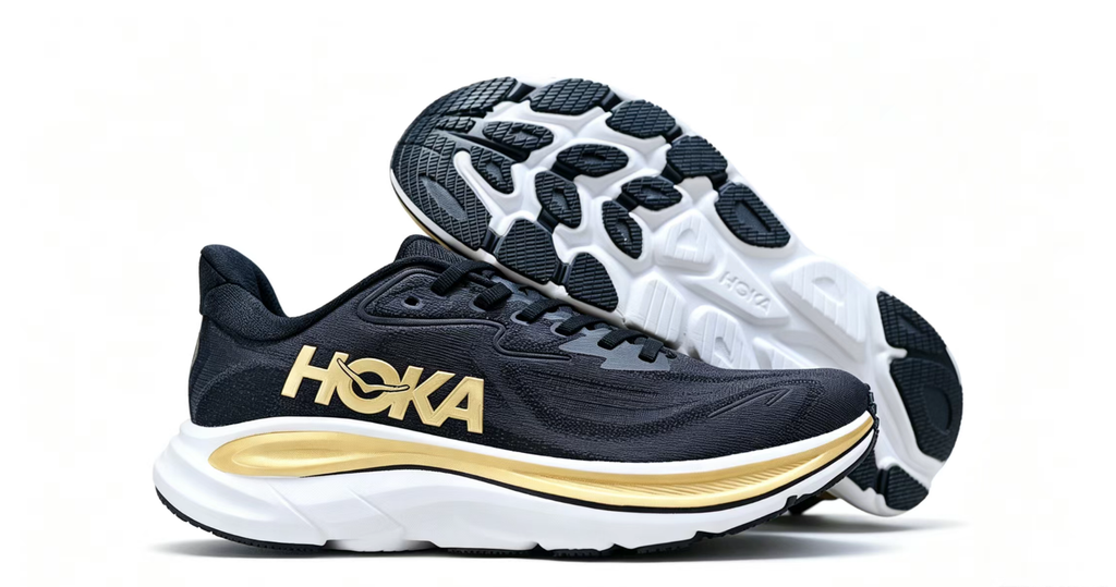 HOKA ONE ONE Clifton 10 – Black/Gold Premium Running Shoes