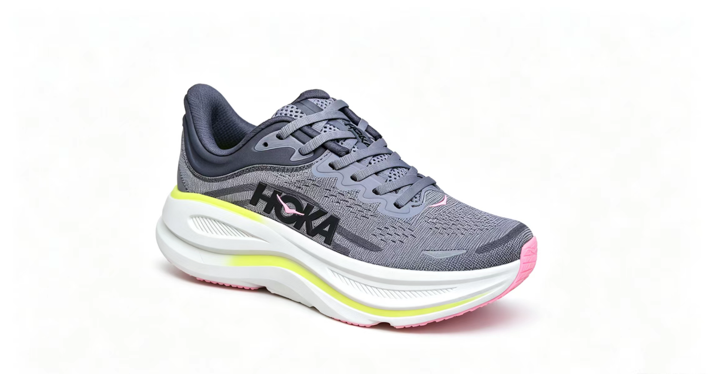 HOKA ONE ONE Bondi 9 – Cushioned Running Shoe in Dark Grey & Neon