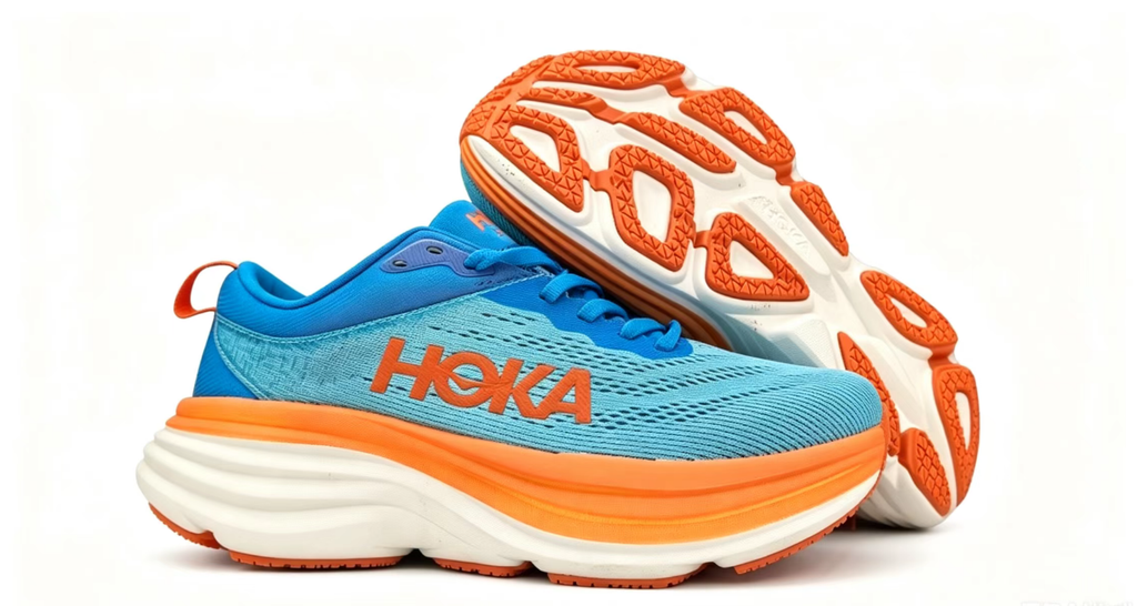 HOKA ONE ONE Bondi 8 Blue Orange Cushioned Running Shoes